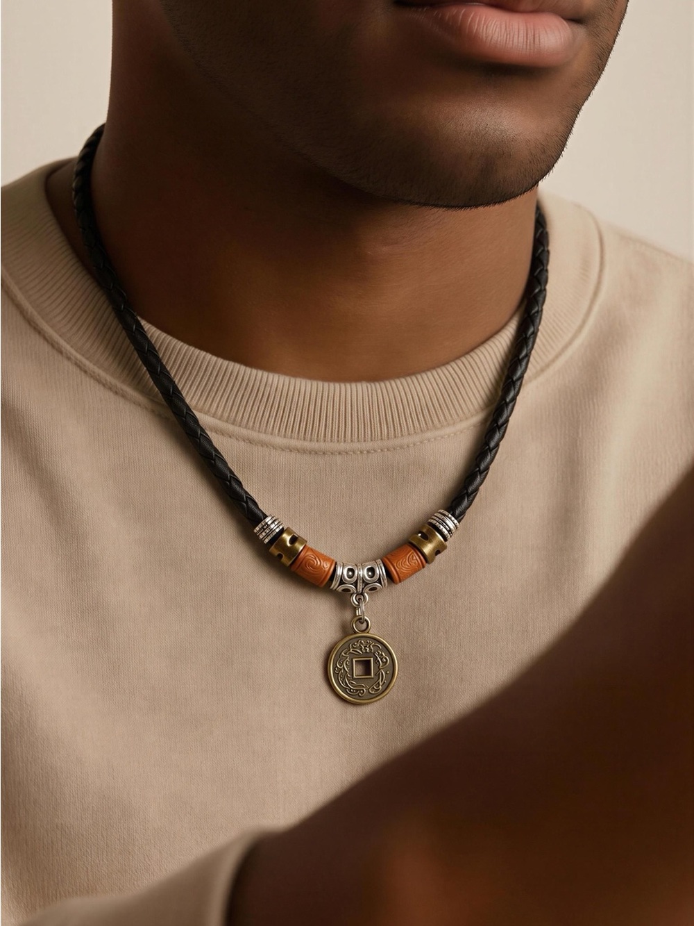 Men's Black Braided Leather Necklace with Brass Pendant